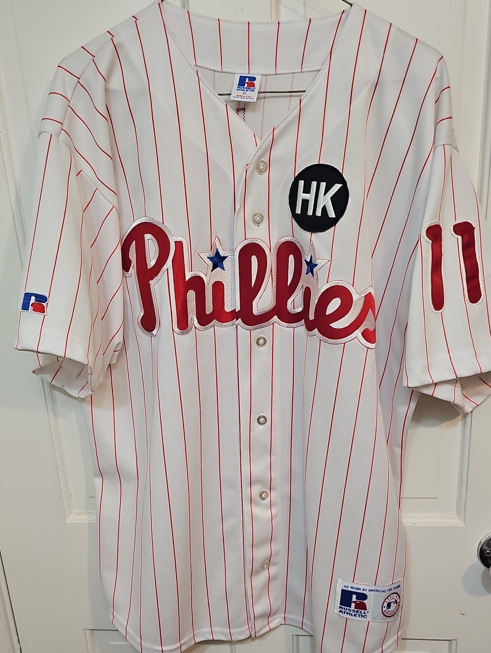 Russell Athletic White and Red Pinstripe Phillies Jersey